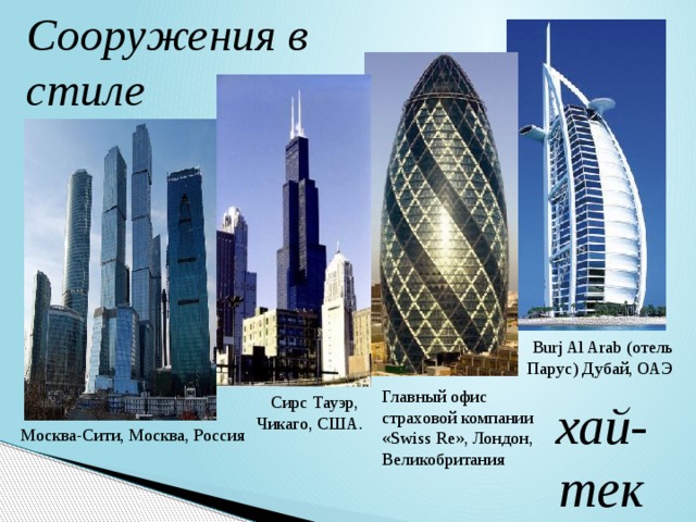 Сооружения в стиле Burj Al Arab (отель Парус) Дубай, ОАЭ Главный офис страховой компании «Swiss Re», Лондон, Великобритания Сирс Тауэр,  Чикаго, США. хай-тек Москва-Сити, Москва, Россия 