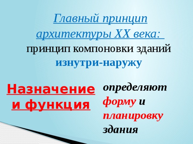 Главный принцип архитектуры XX века: принцип компоновки зданий изнутри-наружу  определяют форму и планировку здания Назначение и функция 