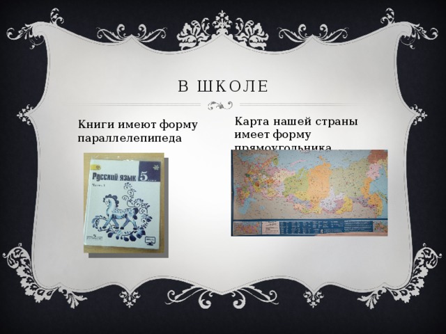 В школе Карта нашей страны имеет форму прямоугольника Книги имеют форму параллелепипеда 