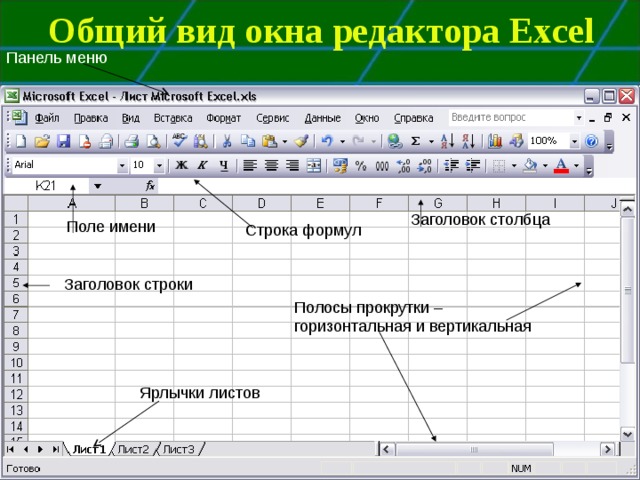 Общий вид окна редактора Excel  Панель меню Заголовок столбца Поле имени Строка формул Заголовок строки Полосы прокрутки – горизонтальная и вертикальная Ярлычки листов