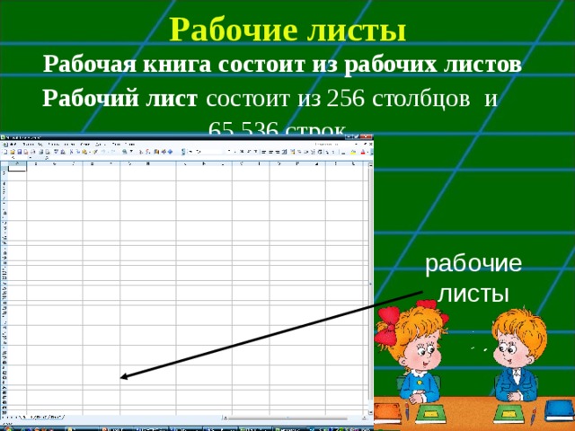 Рабочие листы Рабочая книга состоит из рабочих листов Рабочий лист состоит из 256 столбцов и 65 536 строк.  рабочие листы