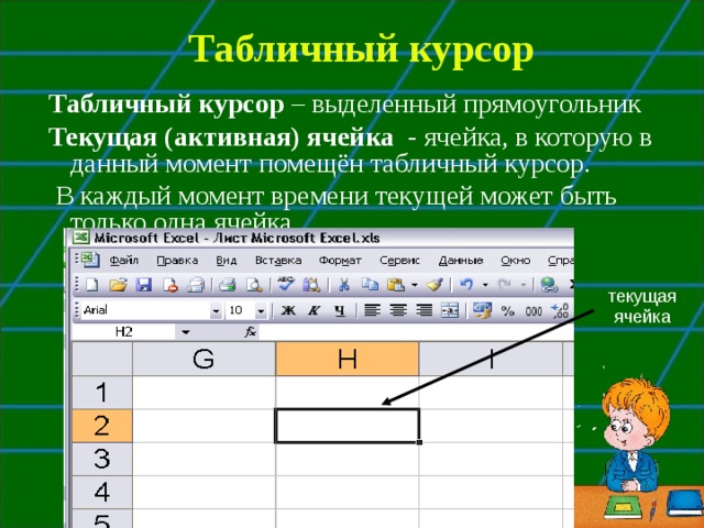 Табличный курсор Табличный курсор – выделенный прямоугольник Текущая (активная) ячейка - ячейка, в которую в данный момент помещён табличный курсор.  В каждый момент времени текущей может быть только одна ячейка. текущая ячейка