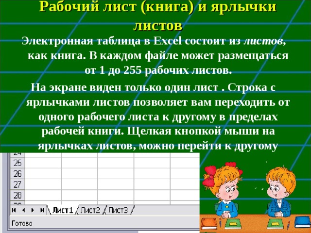 Рабочий лист (книга) и ярлычки листов Электронная таблица в Excel состоит из листов , как книга. В каждом файле может размещаться от 1 до 255 рабочих листов. На экране виден только один лист . Строка с ярлычками листов позволяет вам переходить от одного рабочего листа к другому в пределах рабочей книги. Щелкая кнопкой мыши на ярлычках листов, можно перейти к другому листу