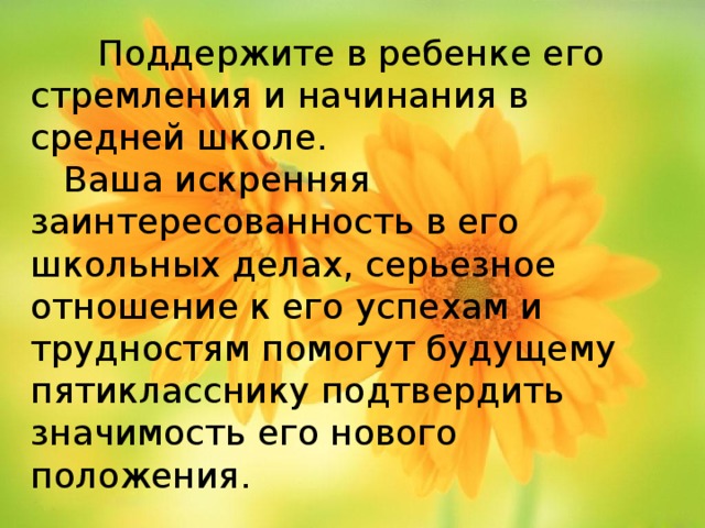  Поддержите в ребенке его стремления и начинания в средней школе.  Ваша искренняя заинтересованность в его школьных делах, серьезное отношение к его успехам и трудностям помогут будущему пятикласснику подтвердить значимость его нового положения. 