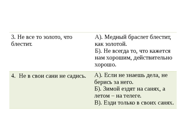 3. Не все то золото, что блестит. А). Медный браслет блестит, как золотой. Б). Не всегда то, что кажется нам хорошим, действительно хорошо. 4. Не в свои сани не садись. А). Если не знаешь дела, не берись за него. Б). Зимой ездят на санях, а летом – на телеге. В). Езди только в своих санях. 