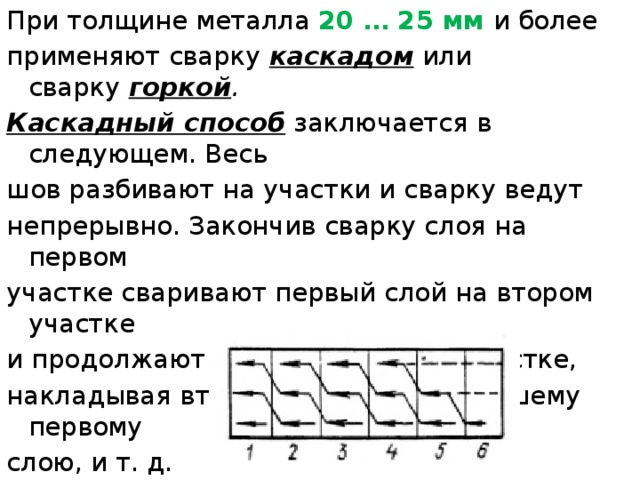 Более толщины. Каскадный способ сварки. Метод сварки каскадом. Сварка горкой и каскадом. Шов каскадом сварной.