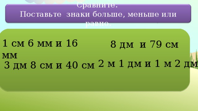 Сравните. Поставьте знаки больше, меньше или равно. 1 см 6 мм и 16 мм 8 дм и 79 см 2 м 1 дм и 1 м 2 дм 3 дм 8 см и 40 см 