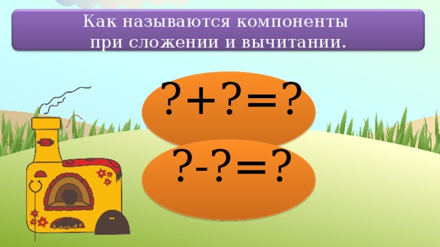 Как называются компоненты при сложении и вычитании. ?+?=? ?-?=? 