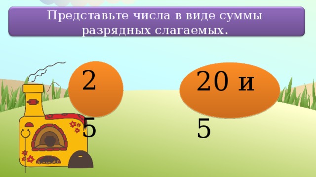 Представьте числа в виде суммы разрядных слагаемых. 25 20 и 5 