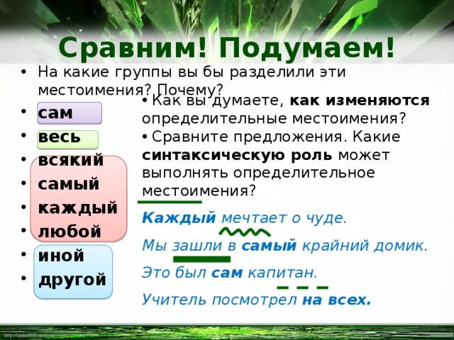 Членами каких групп. Предложения с определительными местоимениями. Определительные местоимения роль в предложении. Определенные местоимения в русском языке. Определительные местоимения 6 класс.