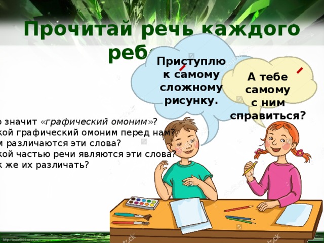 Прочитай речь каждого ребенка. Приступлю к самому сложному рисунку. А тебе самому с ним справиться? Что значит « графический омоним »? Какой графический омоним перед нам? Чем различаются эти слова? Какой частью речи являются эти слова? Как же их различать? 