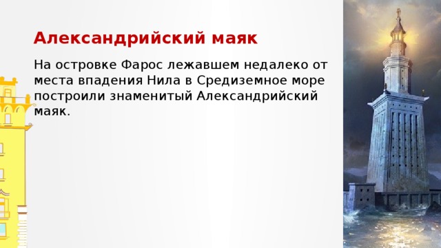 Александрийский маяк На островке Фарос лежавшем недалеко от места впадения Нила в Средиземное море построили знаменитый Александрийский маяк. Запишите предложения. Обозначьте суффиксы причастий, подчеркните причастные обороты, расставьте запятые.  