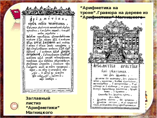 “ Арифметика на троне”.Гравюра на дереве из “Арифметики” Магницкого Заглавный листиз “Арифметики” Магницкого 