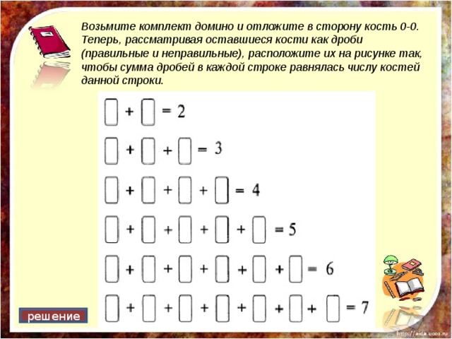 Возьмите комплект домино и отложите в сторону кость 0-0. Теперь, рассматривая оставшиеся кости как дроби (правильные и неправильные), расположите их на рисунке так, чтобы сумма дробей в каждой строке равнялась числу костей данной строки . решение 