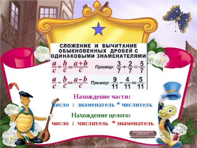Нахождение части:  число : знаменатель * числитель Нахождение целого: число : числитель * знаменатель 