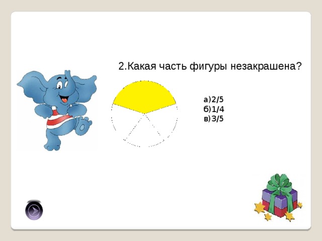 2.Какая часть фигуры незакрашена? а)2/5 б)1/4 в)3/5 в) 