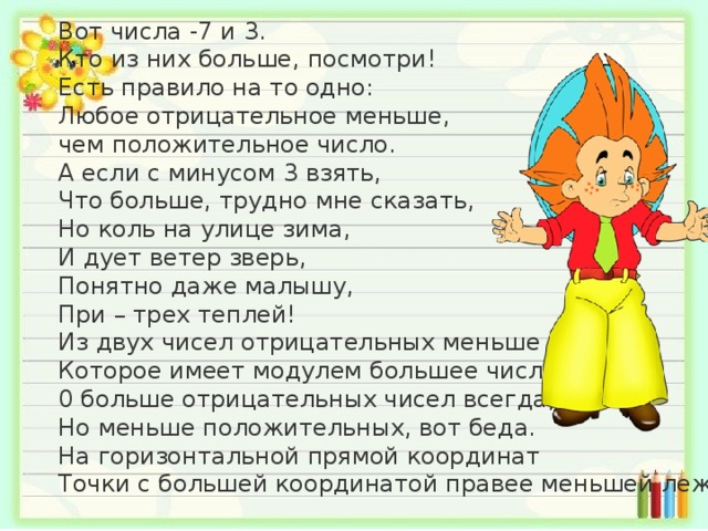 Вот числа -7 и 3.  Кто из них больше, посмотри!  Есть правило на то одно:  Любое отрицательное меньше,  чем положительное число.  А если с минусом 3 взять,  Что больше, трудно мне сказать,  Но коль на улице зима,  И дует ветер зверь,  Понятно даже малышу,  При – трех теплей!  Из двух чисел отрицательных меньше то,  Которое имеет модулем большее число.  0 больше отрицательных чисел всегда,  Но меньше положительных, вот беда.  На горизонтальной прямой координат  Точки с большей координатой правее меньшей лежат.   
