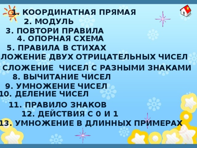 1. Координатная прямая 2. модуль 3. Повтори правила 4. Опорная схема 5. Правила в стихах 6. Сложение двух отрицательных чисел 7. Сложение чисел с разными знаками 8. Вычитание чисел 9. Умножение чисел 10. Деление чисел 11. Правило знаков 12. Действия с 0 и 1 13. Умножение в длинных примерах 