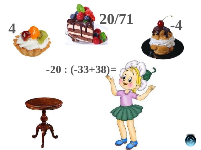 20/71 -4 4 -20 : (-33+38)= 