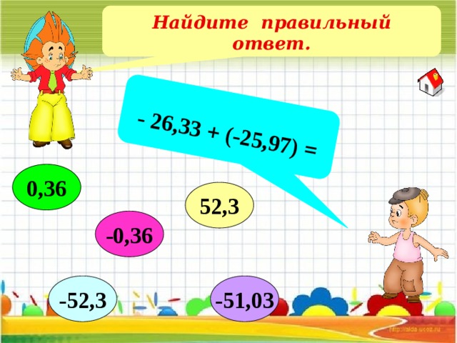  - 26,33 + (-25,97) = Найдите правильный ответ. 0,36 52,3 -0,36 -51,03 -52,3 