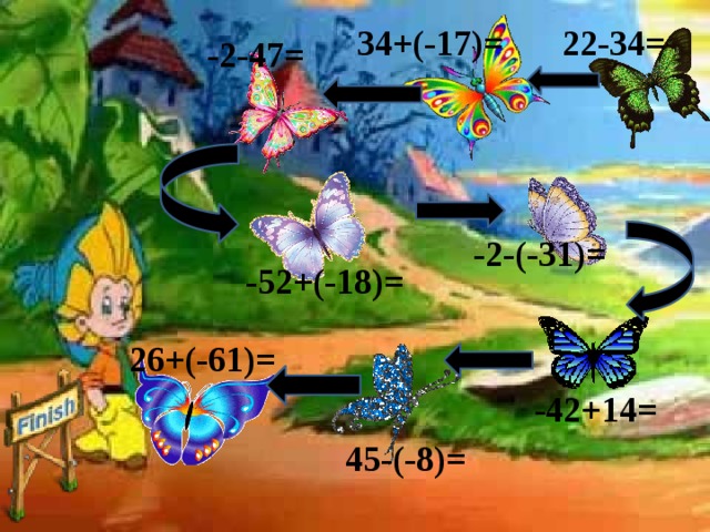 34+(-17)= 22-34= -2-47= -2-(-31)= -52+(-18)= 26+(-61)= -42+14= 45-(-8)= 