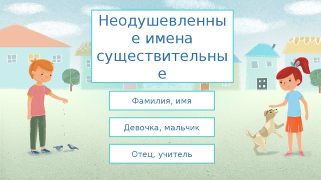 Неодушевленные имена  существительные Фамилия, имя Девочка, мальчик Отец, учитель 