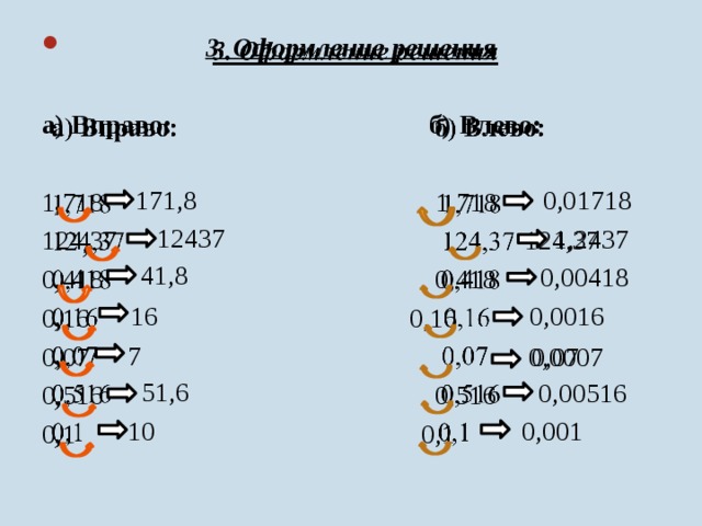   3. Оформление решения а) Вправо: б) Влево: 1,718 1,718 124,37  124,37 0,418  0,418 0,16  0,16 0,07  0,07 0,516  0,516 0,1  0,1  , 0,01718 171,8 , 12437 1,2437 , 41,8 0,00418 , 16 0,0016 , 7 0,0007 , 51,6 0,00516 , 10 0,001  