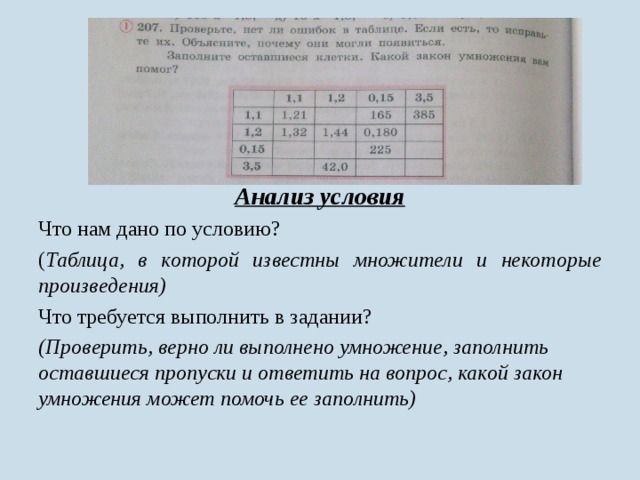     Анализ условия Что нам дано по условию? ( Таблица, в которой известны множители и некоторые произведения) Что требуется выполнить в задании? (Проверить, верно ли выполнено умножение, заполнить оставшиеся пропуски и ответить на вопрос, какой закон умножения может помочь ее заполнить) 