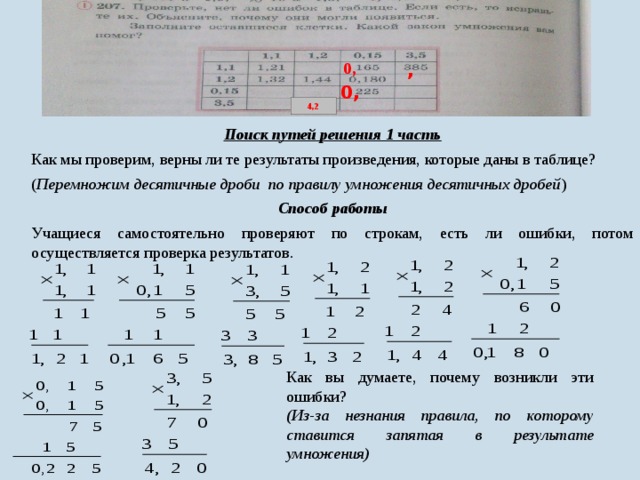 0, , 0, 4,2 Поиск путей решения 1 часть Как мы проверим, верны ли те результаты произведения, которые даны в таблице? ( Перемножим десятичные дроби по правилу умножения десятичных дробей ) Способ работы Учащиеся самостоятельно проверяют по строкам, есть ли ошибки, потом осуществляется проверка результатов. Как вы думаете, почему возникли эти ошибки? (Из-за незнания правила, по которому ставится запятая в результате умножения)  