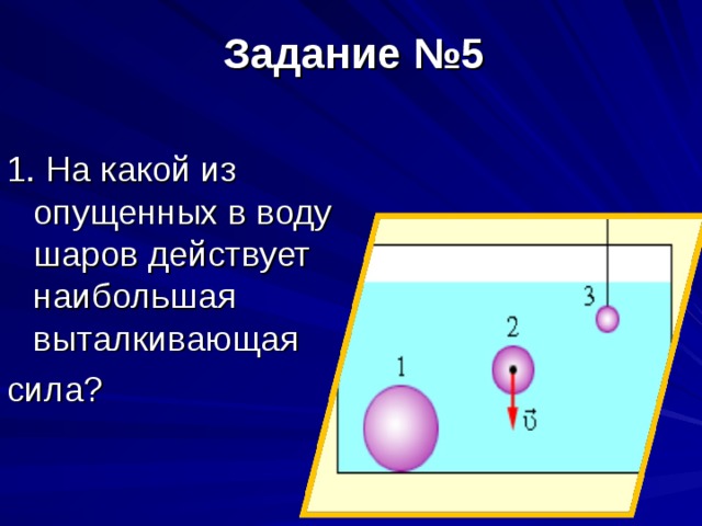 Задание №5     1. На какой из опущенных в воду шаров действует наибольшая выталкивающая сила? 