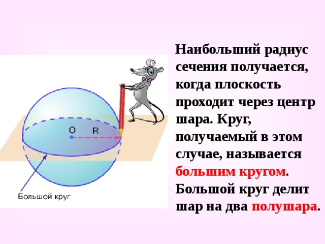  Наибольший радиус сечения получается, когда плоскость проходит через центр шара. Круг, получаемый в этом случае, называется большим кругом . Большой круг делит шар на два полушара . 