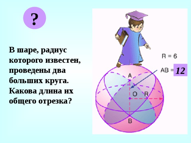 ? В шаре, радиус которого известен, проведены два больших круга. Какова длина их общего отрезка? 12 