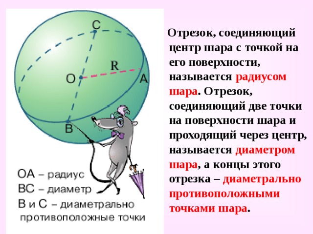  Отрезок, соединяющий центр шара с точкой на его поверхности, называется радиусом шара . Отрезок, соединяющий две точки на поверхности шара и проходящий через центр, называется диаметром шара , а концы этого отрезка – диаметрально противоположными точками шара . 