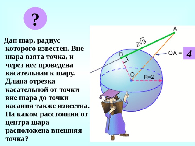 ?  Дан шар, радиус которого известен. Вне шара взята точка, и через нее проведена касательная к шару. Длина отрезка касательной от точки вне шара до точки касания также известна. На каком расстоянии от центра шара расположена внешняя точка? 4 