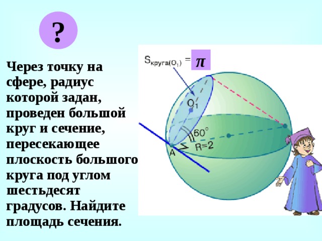 ? π Через точку на сфере, радиус которой задан, проведен большой круг и сечение, пересекающее плоскость большого круга под углом шестьдесят градусов. Найдите площадь сечения. 