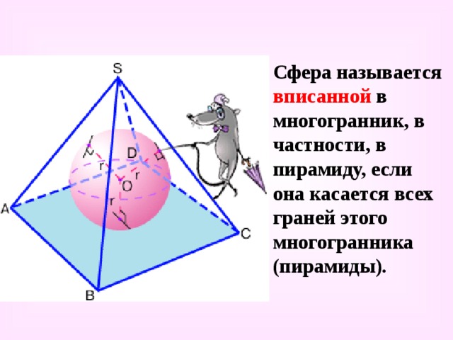 Сфера называется вписанной в многогранник, в частности, в пирамиду, если она касается всех граней этого многогранника (пирамиды). 