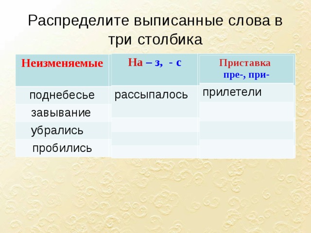 Приставка пре неизменяемая. Выпишите слова в три столбика. Приставка при неизменяемая. Изменяемые и неизменяемые приставки пре при. Пре при распределить по столбикам.