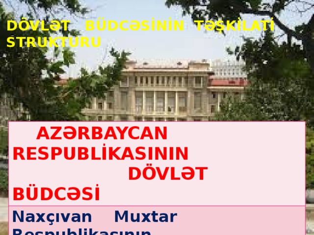 DÖVLƏT BÜDCƏSİNİN TƏŞKİLATİ STRUKTURU  AZƏRBAYCAN RESPUBLİKASININ Naxçıvan Muxtar Respublikasının  DÖVLƏT BÜDCƏSİ YERLİ (şəhər, rayon,kənd bələdiyyələri) BÜDCƏ  dövlət büdcəsi 