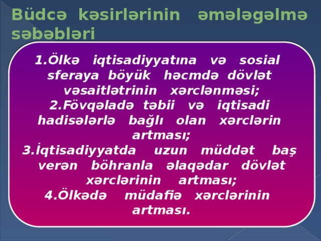 Büdcə kəsirlərinin əmələgəlmə səbəbləri 1.Ölkə iqtisadiyyatına və sosial sferaya böyük həcmdə dövlət vəsaitlətrinin xərclənməsi; 2.Fövqəladə təbii və iqtisadi hadisələrlə bağlı olan xərclərin artması; 3.İqtisadiyyatda uzun müddət baş verən böhranla əlaqədar dövlət xərclərinin artması; 4.Ölkədə müdafiə xərclərinin artması. 