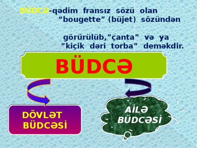   BÜDCƏ -qədim fransız sözü olan  “bougette” (büjet) sözündən  görürülüb,”çanta” və ya  “kiçik dəri torba” deməkdir. BÜDCƏ AİLƏ BÜDCƏSİ DÖVLƏT BÜDCƏSİ 