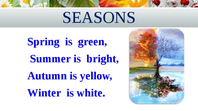 SEASONS  Spring is green,  Summer is bright,  Autumn is yellow,  Winter is white. 