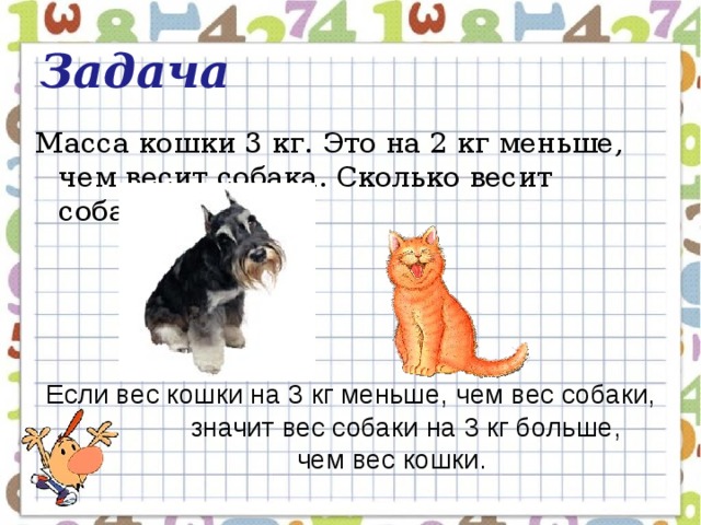 Масса кошки. Математические задачи про собак. Задача про кошек. Сколько весит собака.