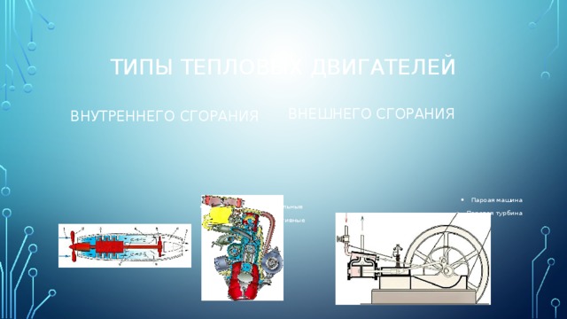 Типы тепловых двигателей Внешнего сгорания Внутреннего сгорания Карбюраторные, дизельные Реактивные Пароая машина Паровая турбина 