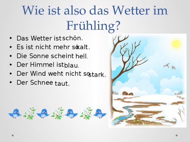 Wie ist also das Wetter im Frühling? sch ön. Das Wetter ist Es ist nicht mehr so Die Sonne scheint Der Himmel ist Der Wind weht nicht so Der Schnee  kalt.  hell . blau . stark. taut. 