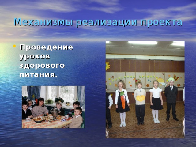 Механизмы реализации проекта Проведение уроков здорового питания.  