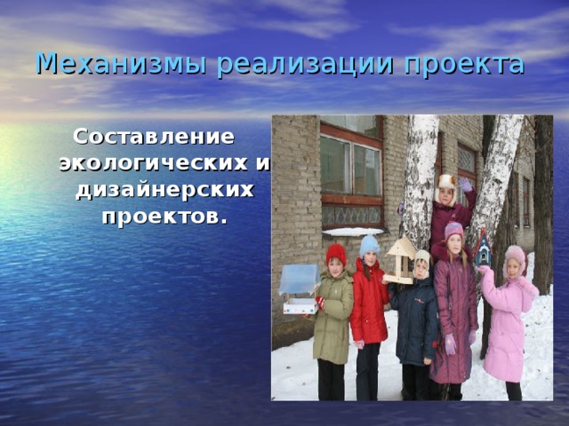 Механизмы реализации проекта Составление экологических и дизайнерских проектов.  