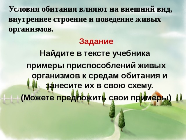 Условия обитания влияют на внешний вид, внутреннее строение и поведение живых организмов. Задание Найдите в тексте учебника примеры приспособлений живых организмов к средам обитания и занесите их в свою схему. (Можете предложить свои примеры) 