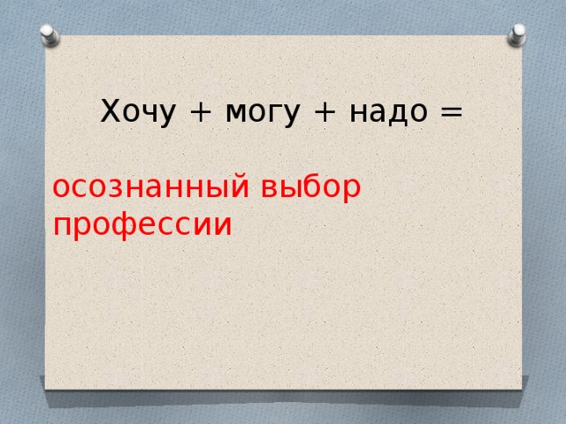 Хочу + могу + надо = осознанный выбор профессии 