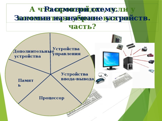 Рассмотри схему. А что произойдет, если у компьютера убрать какую - то часть? Запомни назначение устройств. Устройства управления Дополнительные  устройства Устройства ввода-вывода Память Процессор 