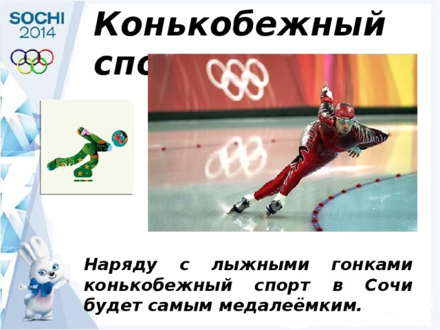 Конькобежный спорт Наряду с лыжными гонками конькобежный спорт в Сочи будет самым медалеёмким. 
